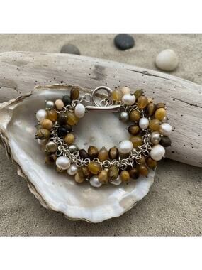Whitney Kelly 925 Sterling Cha Cha Bracelet-Tiger Eye-Pearl-Agate-Gemstone-Charm